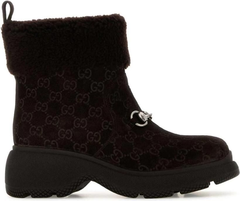 Gucci Monogram Horsebit Shearling Trim Enkellaarsjes