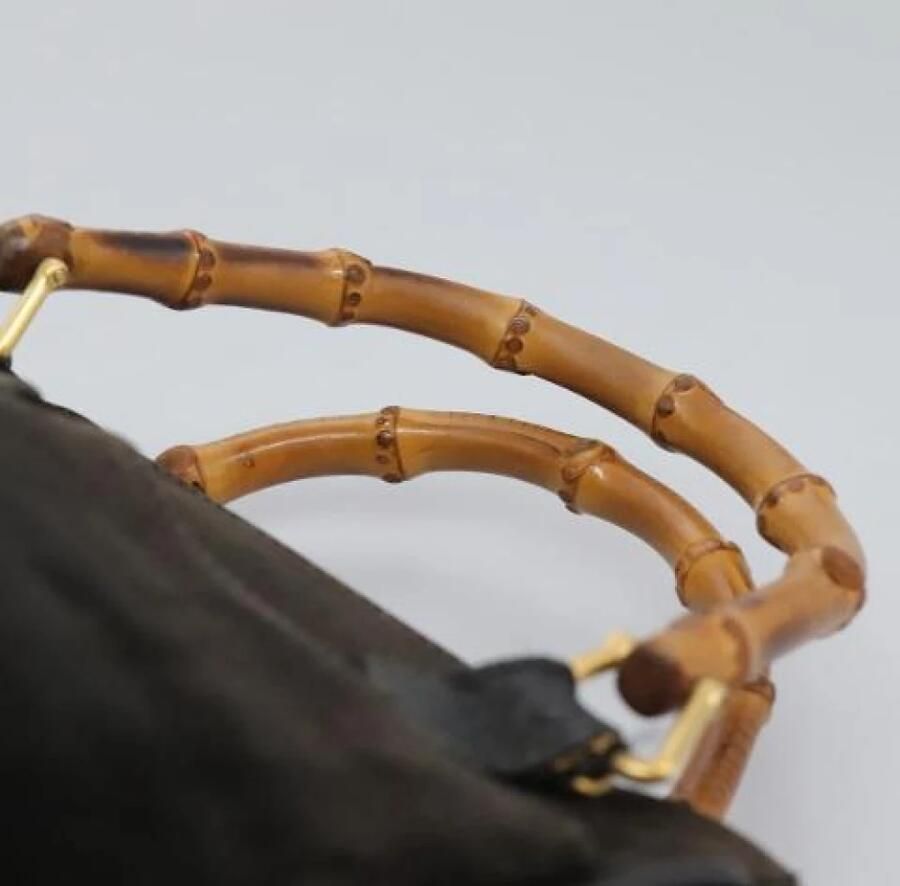 Gucci Vintage Pre-owned Bamboo Zwart en Goud Suède Lederen Handtas - Foto 2