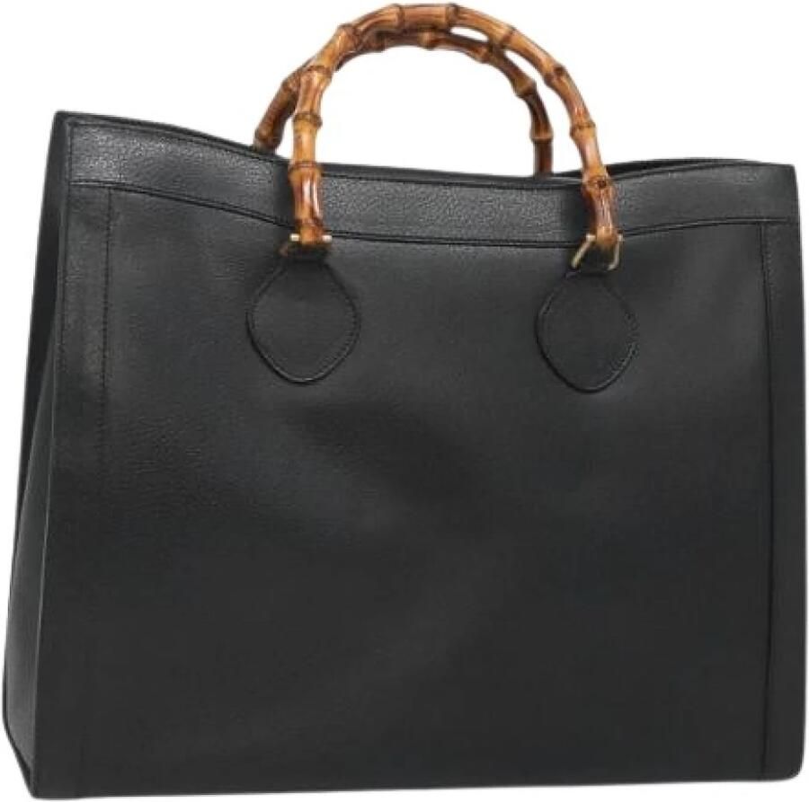 Gucci Vintage Pre-owned Bamboo Zwarte Leren en Gouden Handtas