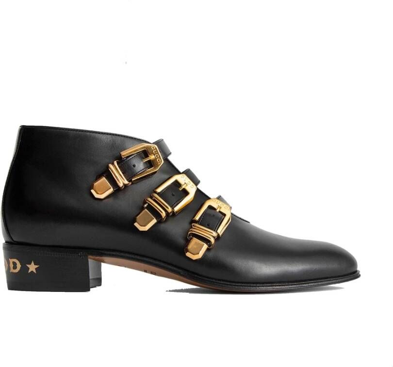 Gucci Leren Enkellaarzen met Hollywood Goud-Metalen Inzetstukken Zwart Dames