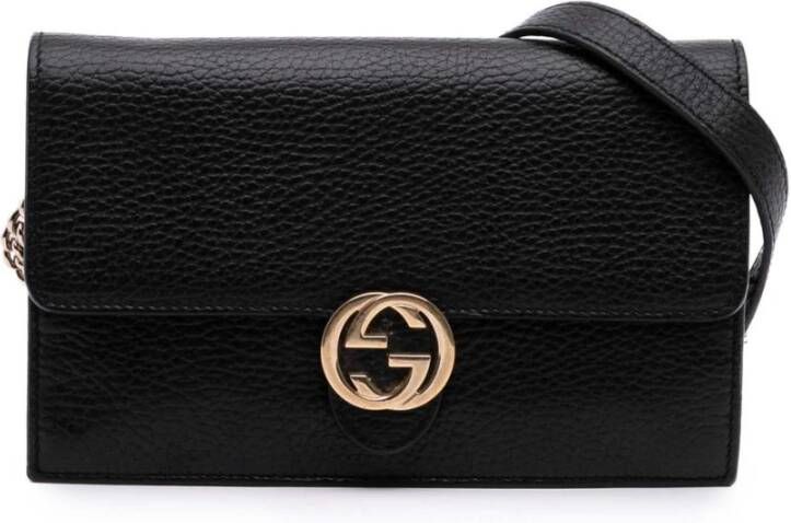 Gucci Vintage Tweedehands leren kettingportemonnee met iconisch vergrendelingssymbool en band
