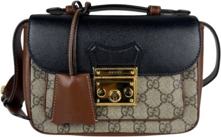 Gucci Vintage Tweedehands schoudertas met leren rand afneembare band en hangslotsluiting