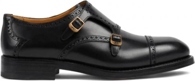 Gucci Zwarte Leren Monk Schoenen met Decoratieve Stiksels Black Heren