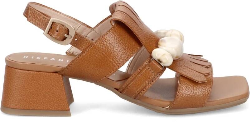 Hispanitas Bruine leren sandalen met franjes en kralen