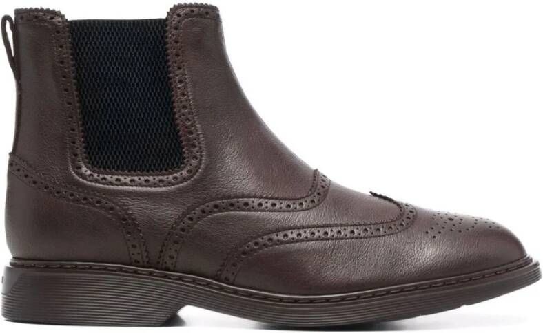 Hogan Bruin Leren Chelsea Boot met Brogue Details Brown Heren