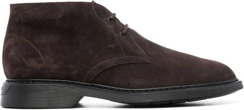 Hogan Bruine leren enkellaarsjes ronde neus vetersluiting lage hak