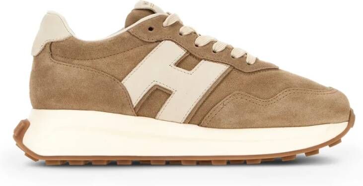 Hogan Kameel Suède Sneakers met Ivoorleren Inzetstukken