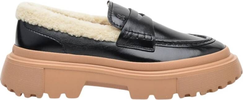 Hogan Zwarte leren en imitatiebont mocassin Black Dames