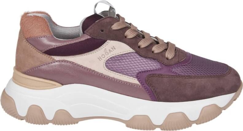 Hogan Pruimenkleurige Leren Sneakers met Stoffen Inzetstukken Purple Dames