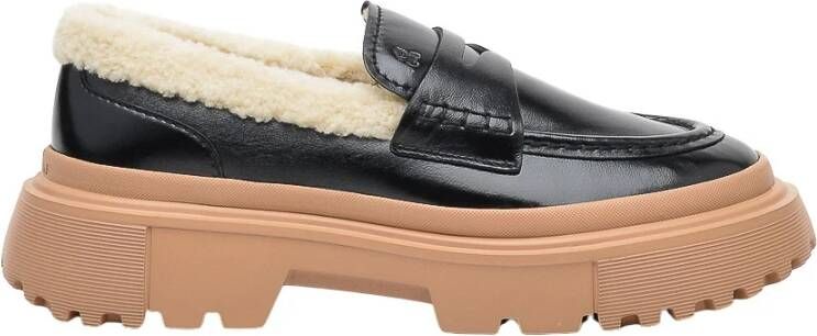 Hogan Zwarte leren en imitatiebont loafer Black Dames