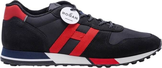 Hogan Zwarte Leren Sneakers met Rode Hak en Tricolor Rubberen Zool Zwart Heren