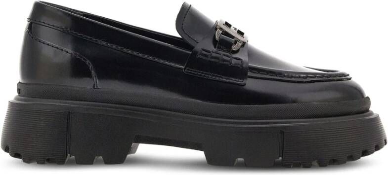 Hogan Zwarte platte mocassins met metalen accessoire