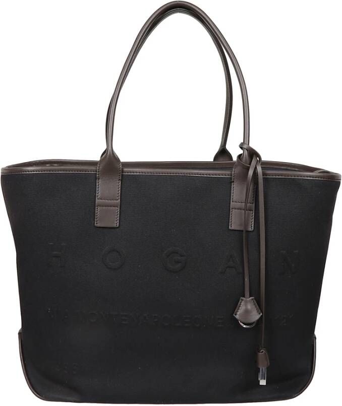 Hogan Zwarte stoffen boodschappentas met bruine leren details