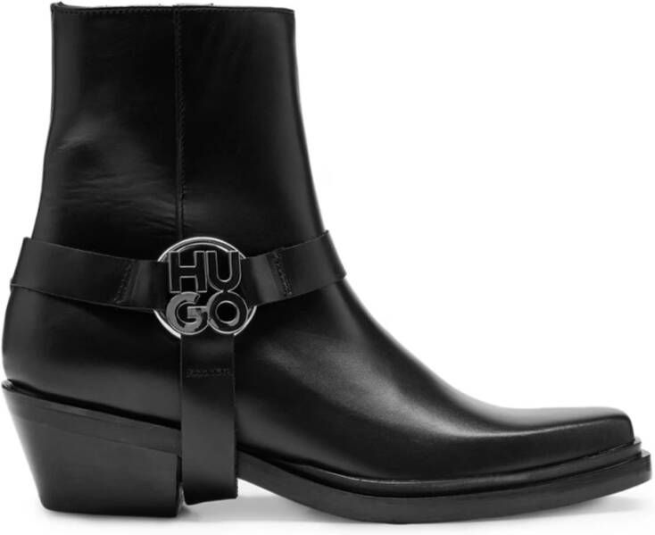 Hugo Stacked-Logo Enkellaarzen Zwart Leer