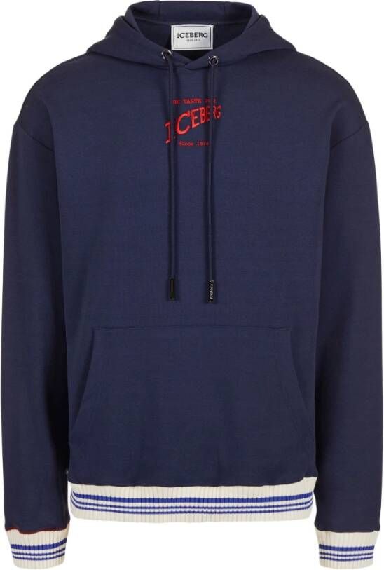 Iceberg Regular fit hoodie in blauw scuba met logo borduursel en gestreepte ribboorden