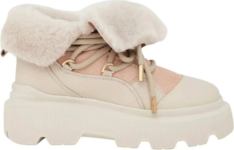 Inuikii Beige leren sneeuwlaarzen instapper vetersluiting