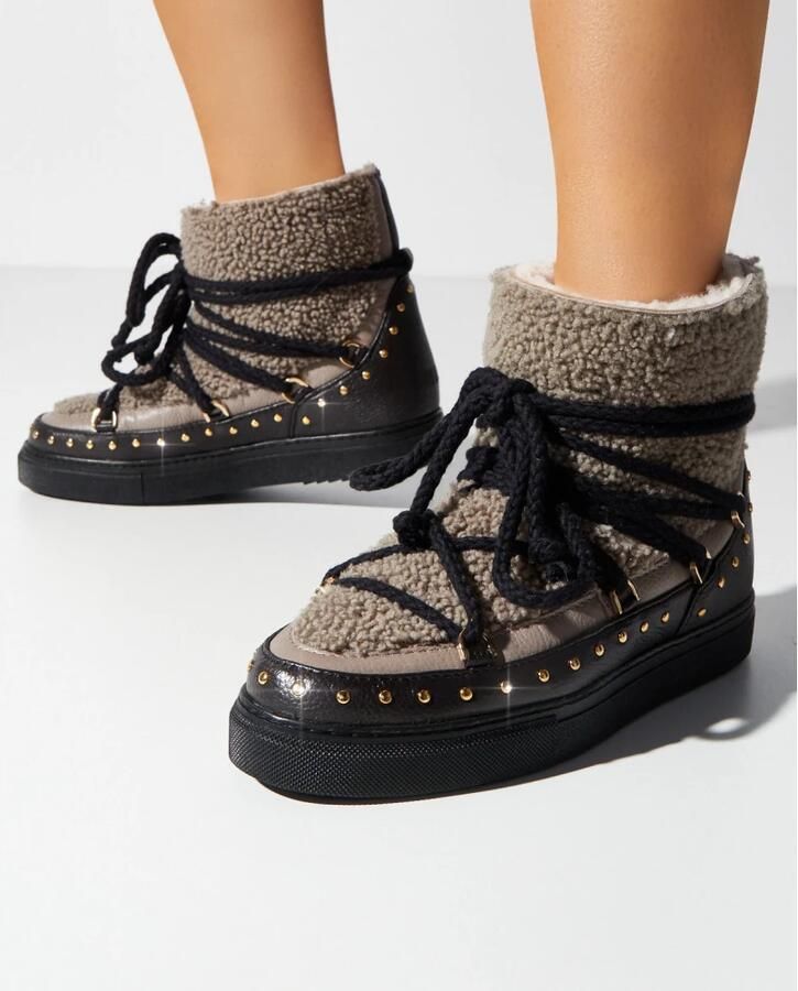 INUIKII Enkellaarsjes Dames Outdoor Snowboots Damesschoenen Leer Curly Rock Zwart combi - Foto 11