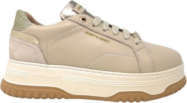 Janet & Janet Beige Leren Sneakers met Strass Logo