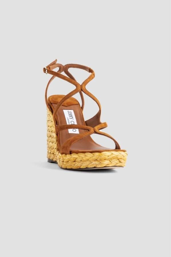 Jimmy Choo Suede en Raffia Sleehak Sandalen
