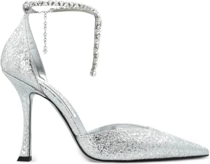 Jimmy Choo Zilveren Glitter Stiletto Hakken Kristal Versierd