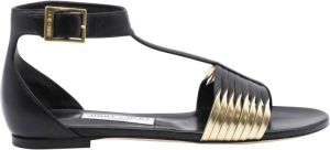 Jimmy Choo Zwarte en Gouden Leren Platte Sandalen Zwart Dames