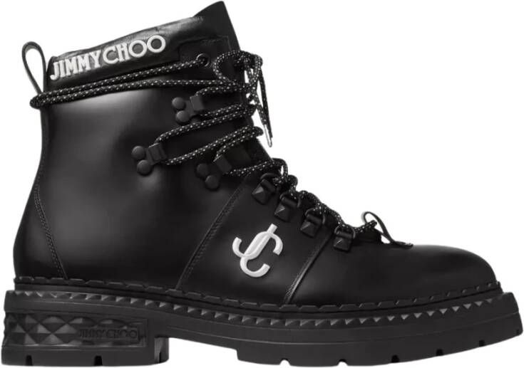 Jimmy Choo Zwarte leren enkellaarsjes met logo Black Heren