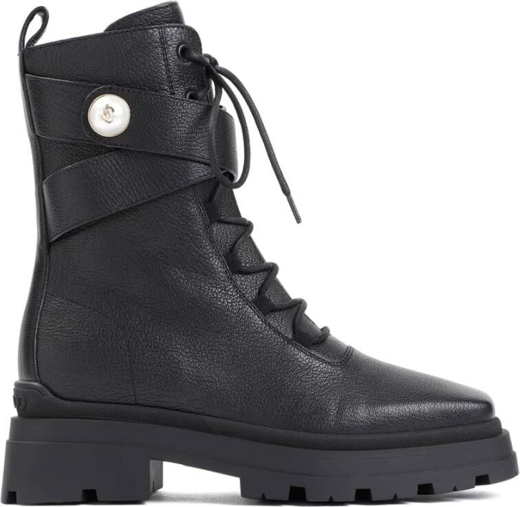 Jimmy Choo Zwarte Kalfsleren Dikke Rubberen Zool Veterschoen Black Dames