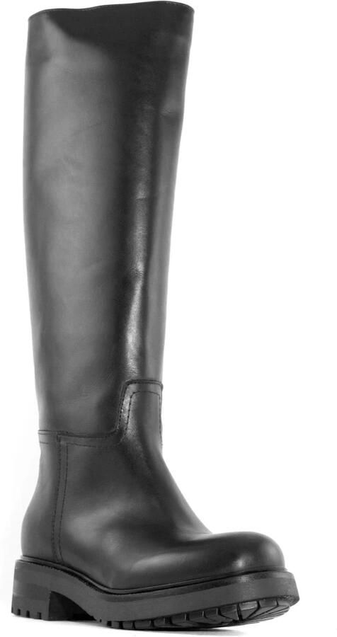 Julie Dee Zwarte Leren Hoge Laars met Ronde Neus