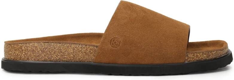 Kazar Bruine suède teenslippers op een kurken zool