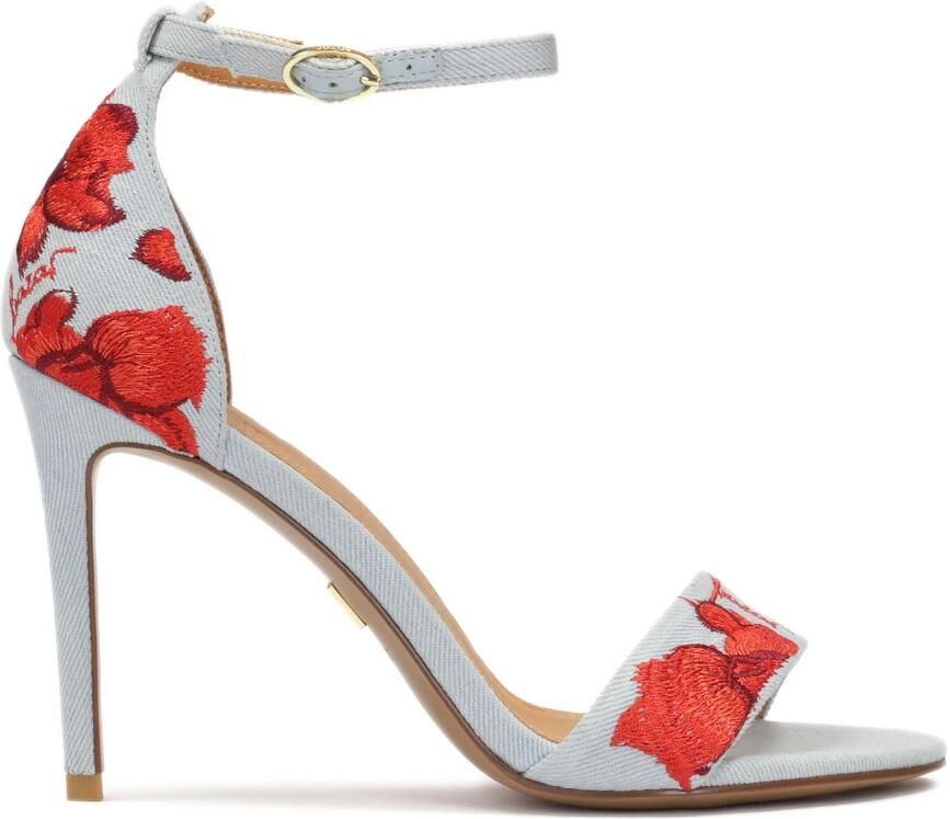 Kazar Blauwe sandalen met rode bloemen.Dit product valt klein uit.