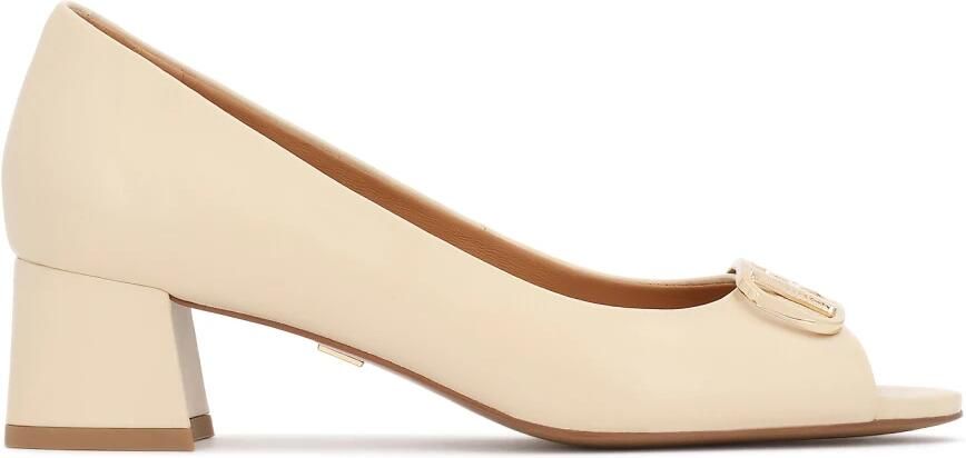 Kazar Peep toe pumps with elegant monogrammed design