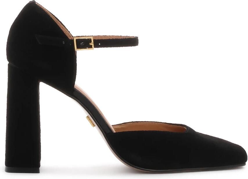 Kazar Suède halfopen pumps met open neus op een paal.Dit product valt groot uit.