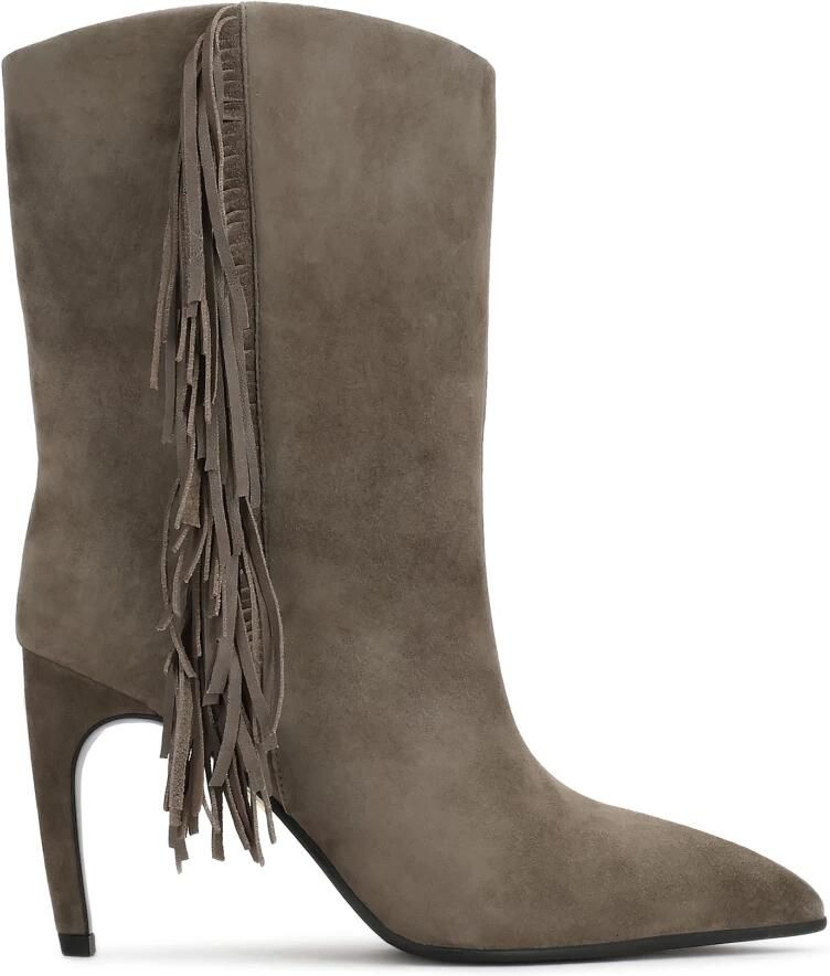 Kazar Taupe suède enkellaarsjes met franjes en stilettohak