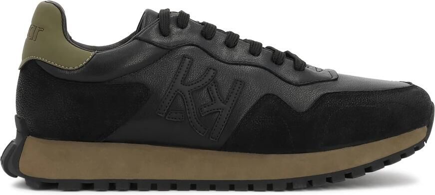 Kazar Zwarte herensneakers met nubuck en kaki leren inzetstukken