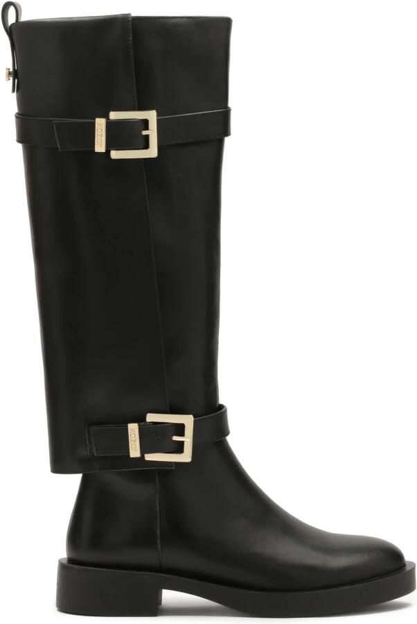 Kazar Zwarte platte laarzen met bovenwerk in overlay.Dit product valt klein uit.