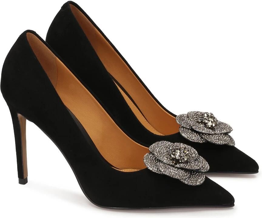 Kazar Zwarte suède pumps met glanzende bloem