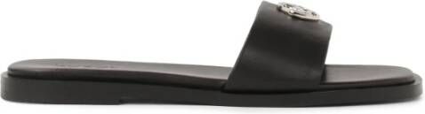 Kazar Zwarte leren slippers met zilveren monogram