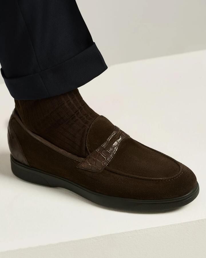 Kiton Suède kalfsleren loafers met krokodillenleren inzetstukken