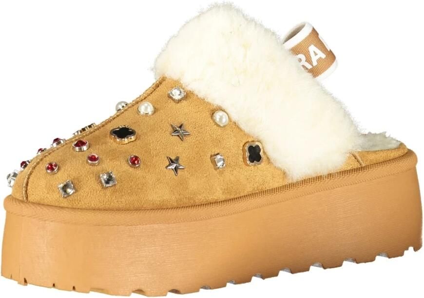 Laura Biagiotti Dames Platform Clogs Gevoerde Instappers met Bont en Strass Beige - Foto 2