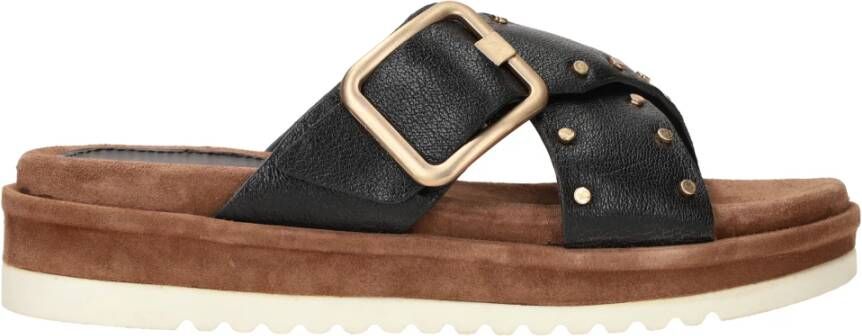 Lazamani Studded Leather Slipper with Buckle Closure Black Dames