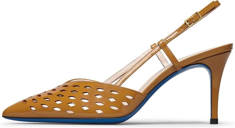 Loriblu Slingback in roestkleurig lakleer met geometrische motieven
