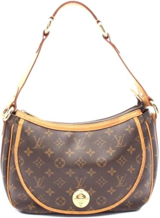 Louis Vuitton Vintage Tweedehands Bedrukte Canvas Hobo Tas met Ritssluiting Schouderband en Draaislot