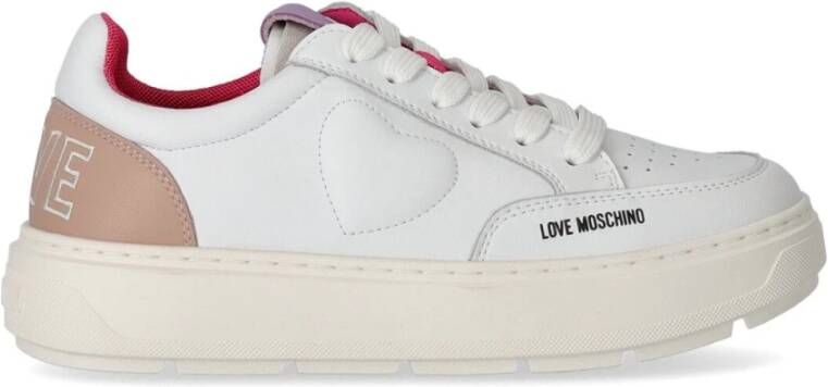 Love Moschino Witte en Roze Leren Sneaker met Geborduurd Logo White Dames