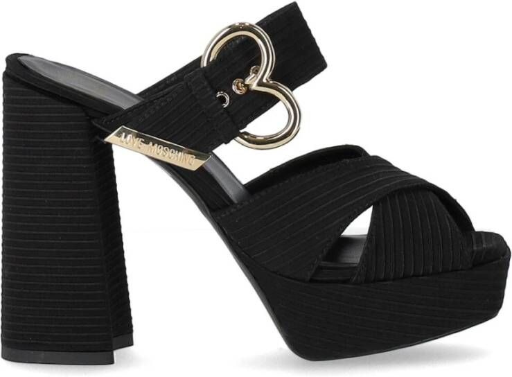 Love Moschino Zwarte stoffen sandalen met gekruiste bandjes en hartvormige gesp Zwart Dames