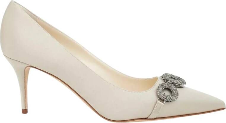 olo Blahnik Beige Satin Crystal Buckle Pumps