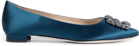 olo Blahnik Blauw Satijn Kristal Gesp Platte Schoenen