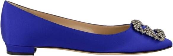 olo Blahnik Blauwe Satijnen Kristal Gesp Ballerina's