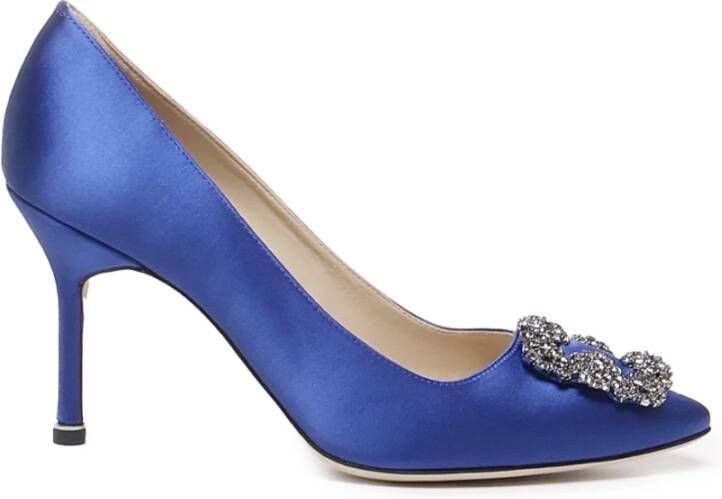 olo Blahnik Blauwe Satijnen Kristal Gesp Hak Pumps