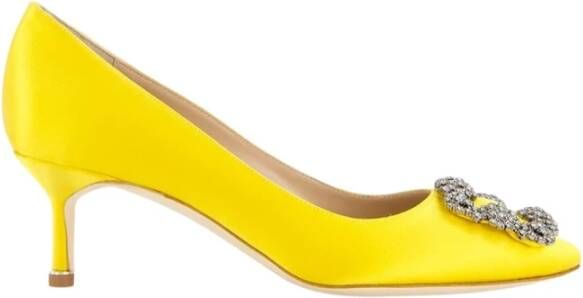 olo Blahnik Gele Satijnen Kristal Gesp Pumps