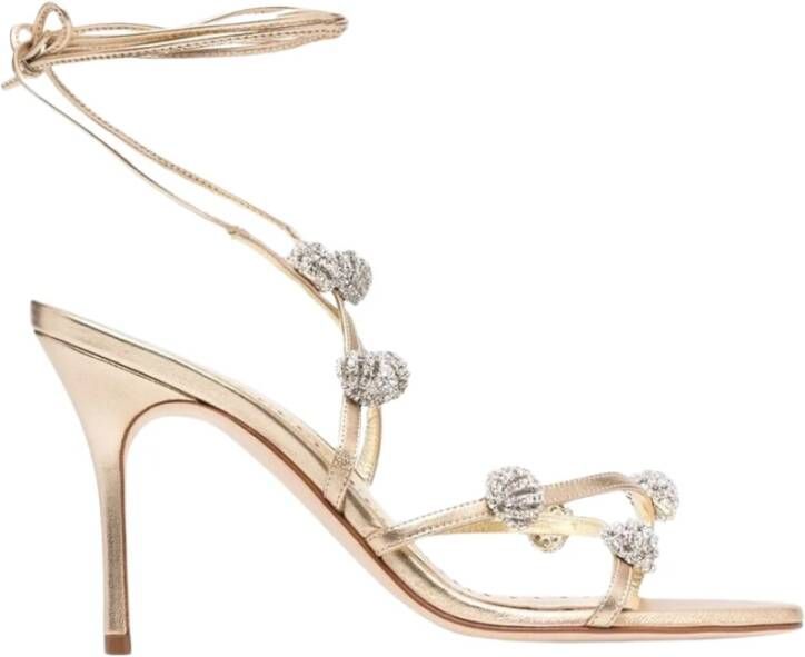 olo Blahnik Gouden Satijnen Strappy Sandalen